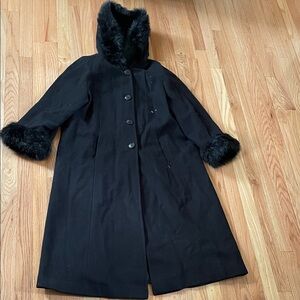 Alorna Hooded Pea Coat Womens 14P Black Button Up Faux Fur Old Money Elegant